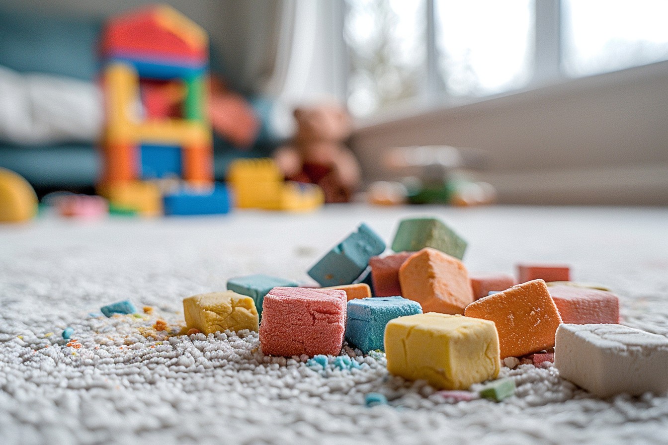 small chunks of colourful kids playdough scattered across a pristine white Axminster carpet